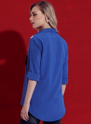 Blue Women's Striped Long Sleeve Turn-Down Collar Button Down Shirt