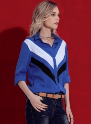 Blue Women's Striped Long Sleeve Turn-Down Collar Button Down Shirt