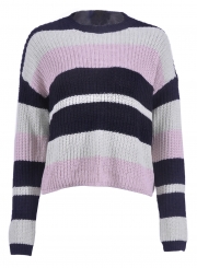 Pink Women's Casual Striped Long Sleeve Round Neck Loose Sweater