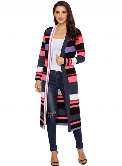 Casual Striped Long Sleeve Open Front Slim Long Cardigan