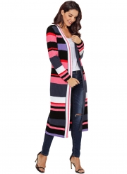 Casual Striped Long Sleeve Open Front Slim Long Cardigan