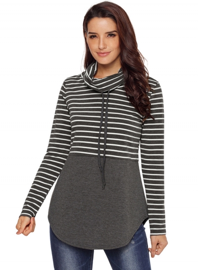 Stripe Women's High Neck Long Sleeve Color Block Loose Pullover Sweatshirt