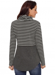 Stripe Women's High Neck Long Sleeve Color Block Loose Pullover Sweatshirt