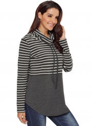 Stripe Women's High Neck Long Sleeve Color Block Loose Pullover Sweatshirt
