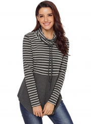 Stripe Women's High Neck Long Sleeve Color Block Loose Pullover Sweatshirt