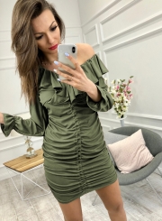 Green Sexy Off Shoulder Long Sleeve Lace-Up Solid Color Ruffle Mini Dress