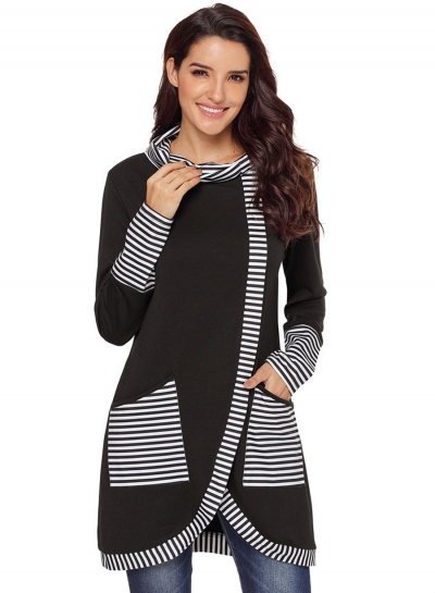 Black Casual Striped Cowl Neck Long Sleeve Irregular Sweatshirt With Pockets YOUYOUFASHIONEC.com