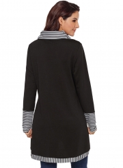 Black Casual Striped Cowl Neck Long Sleeve Irregular Sweatshirt With Pockets