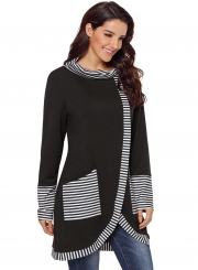 Black Casual Striped Cowl Neck Long Sleeve Irregular Sweatshirt With Pockets