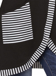 Black Casual Striped Cowl Neck Long Sleeve Irregular Sweatshirt With Pockets