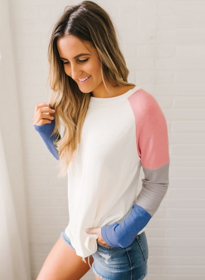 Color Block Long Sleeve Loose Fit Pullover Shirts Tops