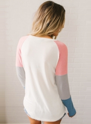 Color Block Long Sleeve Loose Fit Pullover Shirts Tops