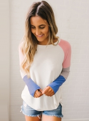 Color Block Long Sleeve Loose Fit Pullover Shirts Tops