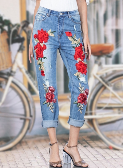 Casual Embroidered Ripped Distressed Loose Fit Jeans With Pockets YOUYOUFASHIONEC.com