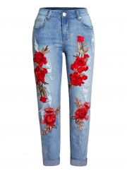 Casual Embroidered Ripped Distressed Loose Fit Jeans With Pockets