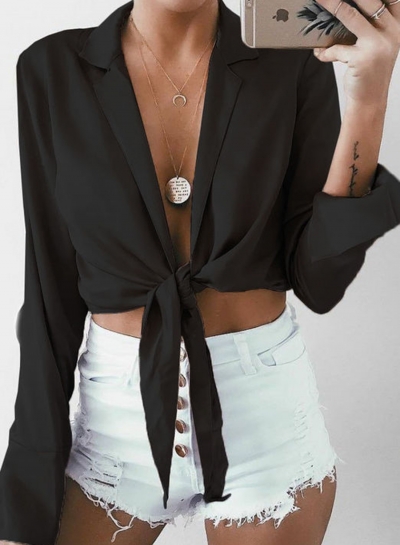 V Neck Long Sleeve Bow Tie Crop Top Loose Blouse STYLESIMO.com