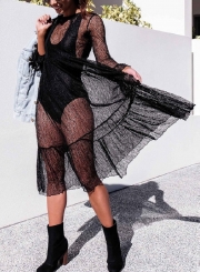 Sexy Mesh Flounce Sleeve Round Neck Ruffle Hem Party Cocktail Dress