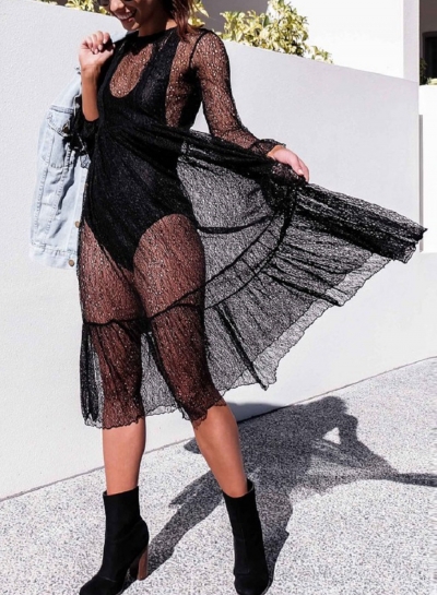 Sexy Mesh Flounce Sleeve Round Neck Ruffle Hem Party Cocktail Dress YOUYOUFASHIONEC.com