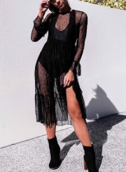 Sexy Mesh Flounce Sleeve Round Neck Ruffle Hem Party Cocktail Dress