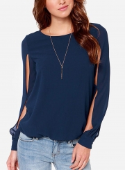 Round Neck Long Sleeve Loose Solid Color Blouse