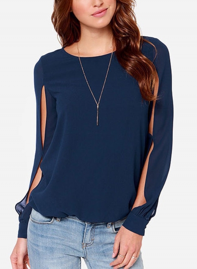 Round Neck Long Sleeve Loose Solid Color Blouse STYLESIMO.com