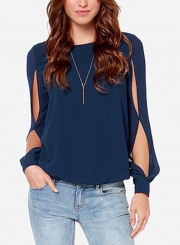 Round Neck Long Sleeve Loose Solid Color Blouse