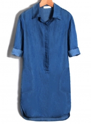 Turn-Down Collar Long Sleeve Loose Button Down Denim Dress