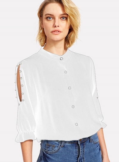 Half Sleeve Solid Color Button Down Shirt With Beading