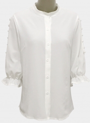 Half Sleeve Solid Color Button Down Shirt With Beading