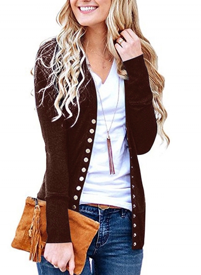 Casual V Neck Long Sleeve Slim Solid Color Button Down Cardigan STYLESIMO.com