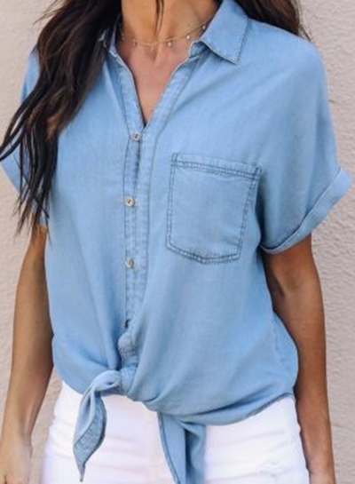 Summer Short Sleeve Knot Front Denim Button Down Shirt With Pocket STYLESIMO.com