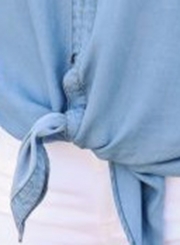 Summer Short Sleeve Knot Front Denim Button Down Shirt With Pocket