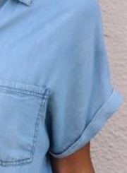 Summer Short Sleeve Knot Front Denim Button Down Shirt With Pocket
