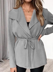 Turn-Down Collar Long Sleeve Solid Color Cardigan Waist Tie Coat