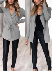 Turn-Down Collar Long Sleeve Solid Color Cardigan Waist Tie Coat