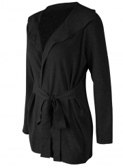 Turn-Down Collar Long Sleeve Solid Color Cardigan Waist Tie Coat