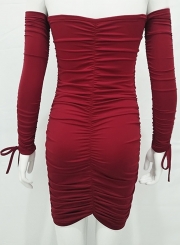 Sexy Off Shoulder Long Sleeve High Waist Pleated Bodycon Dress