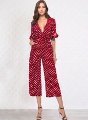 Sexy V Neck Half Sleeve Wide Leg Polka Dot Jumpsuit With Pockets