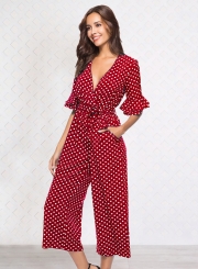 Sexy V Neck Half Sleeve Wide Leg Polka Dot Jumpsuit With Pockets