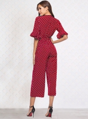 Sexy V Neck Half Sleeve Wide Leg Polka Dot Jumpsuit With Pockets