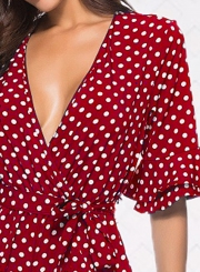 Sexy V Neck Half Sleeve Wide Leg Polka Dot Jumpsuit With Pockets