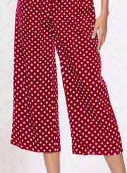 Sexy V Neck Half Sleeve Wide Leg Polka Dot Jumpsuit With Pockets