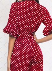 Sexy V Neck Half Sleeve Wide Leg Polka Dot Jumpsuit With Pockets