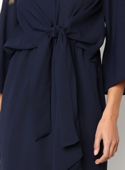 Long Sleeve Round Neck Waist Bow Irregular Solid Color Dress