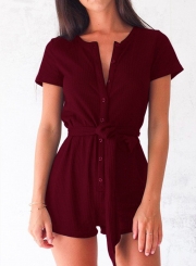 Casual Short Sleeve Round Neck Slim Button Down Wide Leg Romper