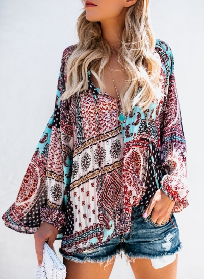 Multi Chiffon Boho Floral Print V Neck Long Sleeve Loose Blouse YOUYOUFASHIONEC.com