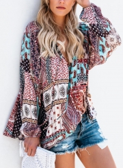 Multi Chiffon Boho Floral Print V Neck Long Sleeve Loose Blouse