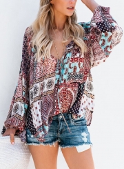 Multi Chiffon Boho Floral Print V Neck Long Sleeve Loose Blouse