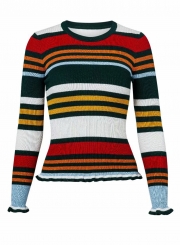 Multi Women's Striped Round Neck Long Sleeve Slim Color Block Pullover Sweater