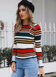 Multi Women's Striped Round Neck Long Sleeve Slim Color Block Pullover Sweater